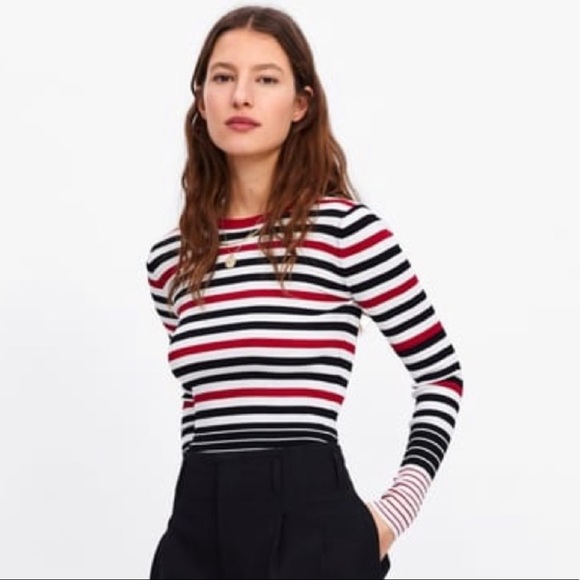 Zara Tops - Black, Red Striped Long Sleeve Crop Top